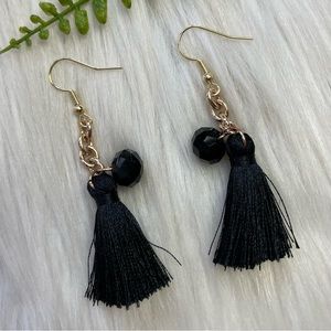Black rhinestones tassel dangle earrings